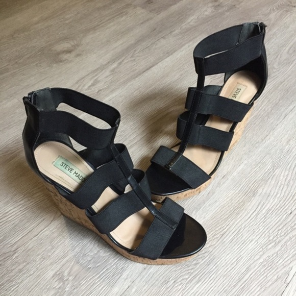 Steve Madden Selinah Elastic Strappy Black Wedges - Picture 3 of 8